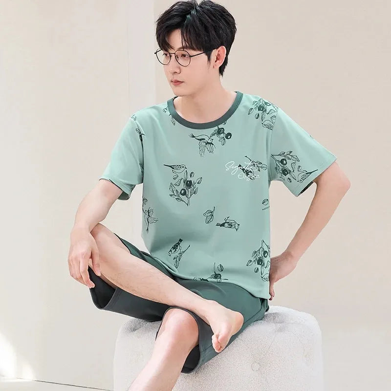2 Pieces Set Men's Summer Cotton Pajamas Set Short Sleeping Tops Pants Sleepwear Male Casual Nightwear Pijama pyjama night cloth