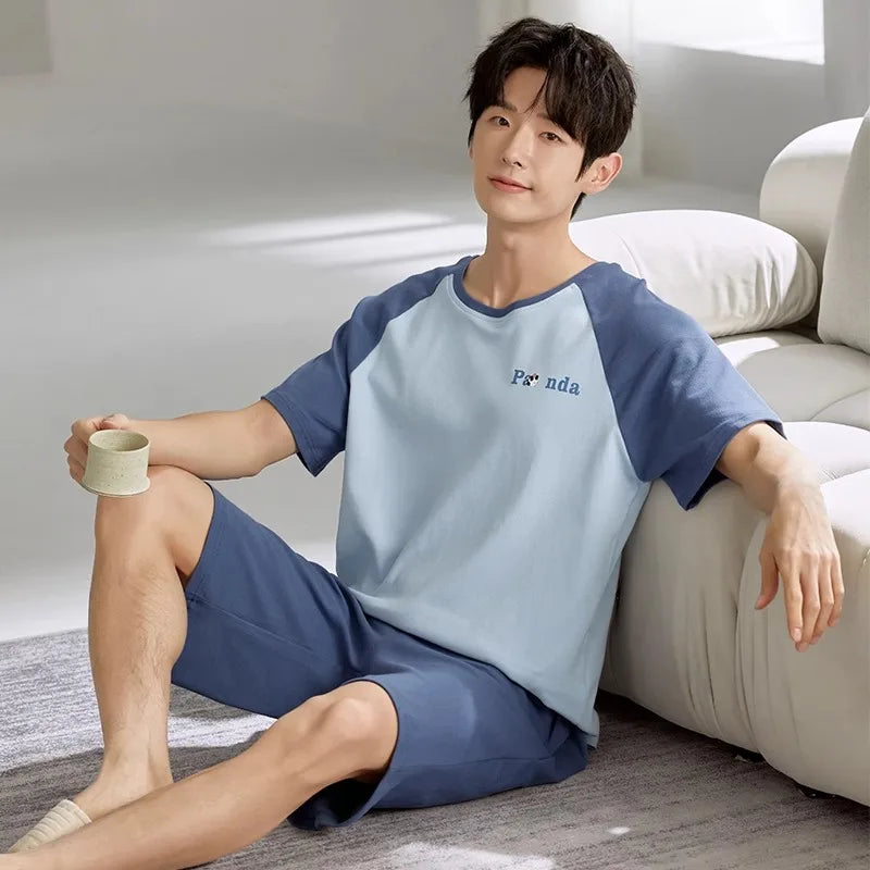 2 Pieces Set Men's Summer Cotton Pajamas Set Short Sleeping Tops Pants Sleepwear Male Casual Nightwear Pijama pyjama night cloth