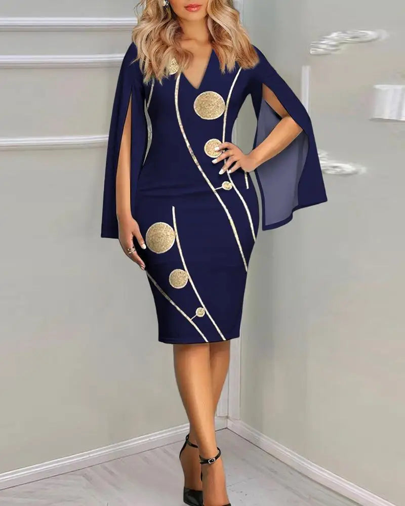 Women'S Autumn Vintage Split Fork Long Sleeve Slim Work Dresses Party Dresses for Women Fashion Elegant Printed Bodycon Dress