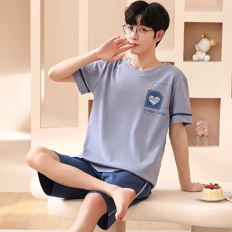 2 Pieces Set Men's Summer Cotton Pajamas Set Short Sleeping Tops Pants Sleepwear Male Casual Nightwear Pijama pyjama night cloth