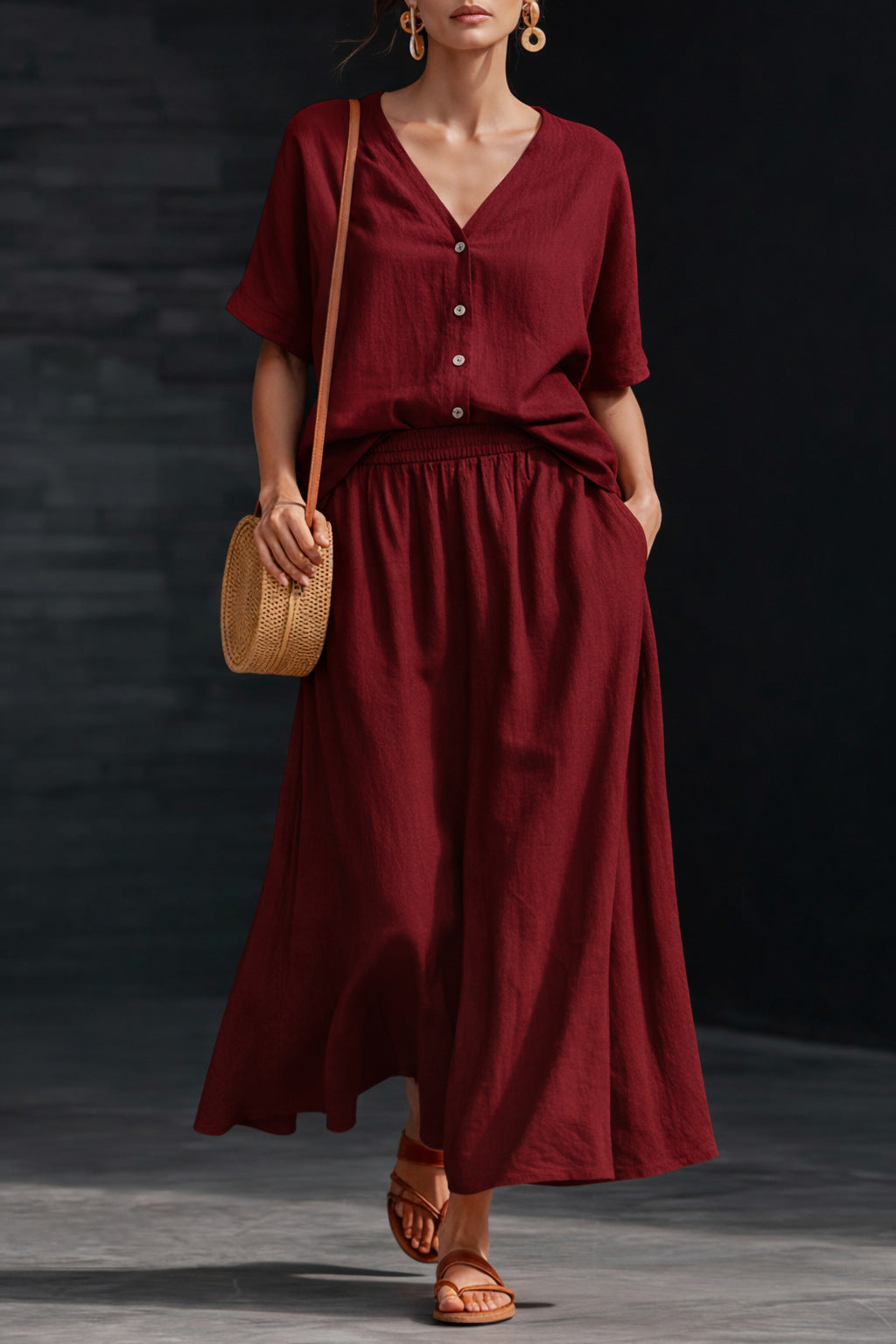 Cotton-Linen V-Neck Button-Up Short-Sleeve Top and Skirt Set