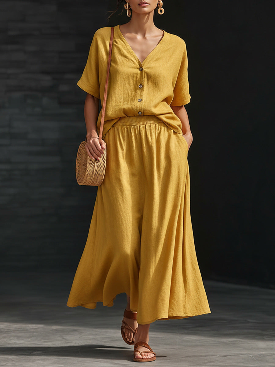 Cotton-Linen V-Neck Button-Up Short-Sleeve Top and Skirt Set
