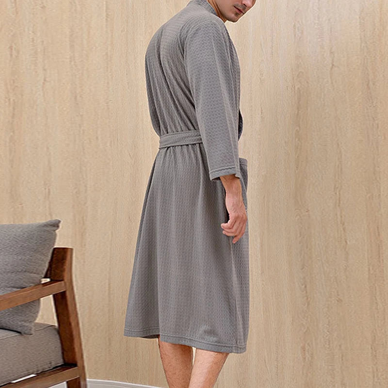 Waffle Transparent Bathrobe Men Women Summer Thin Robe Shower Plaid Dressing Gown Knee Length Breathable Nightgown Home Cloth