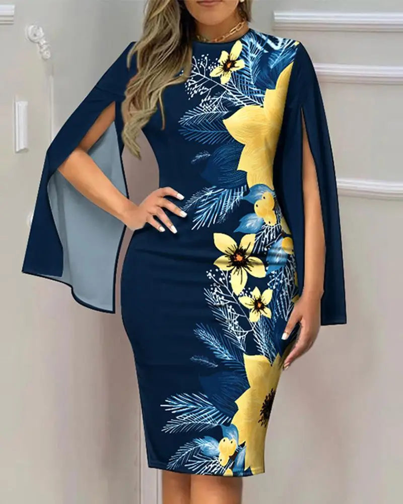 Women'S Autumn Vintage Split Fork Long Sleeve Slim Work Dresses Party Dresses for Women Fashion Elegant Printed Bodycon Dress