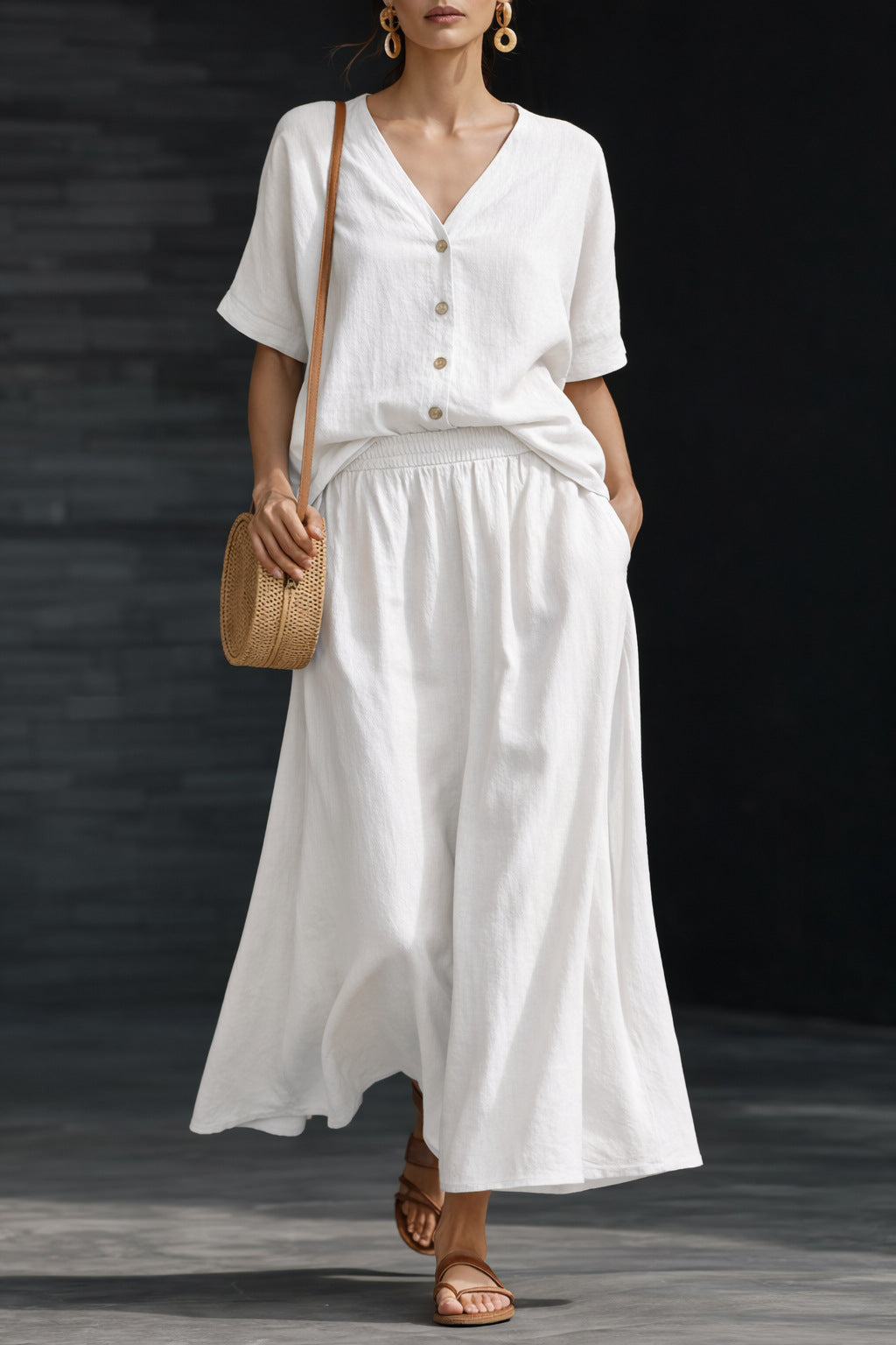 Cotton-Linen V-Neck Button-Up Short-Sleeve Top and Skirt Set