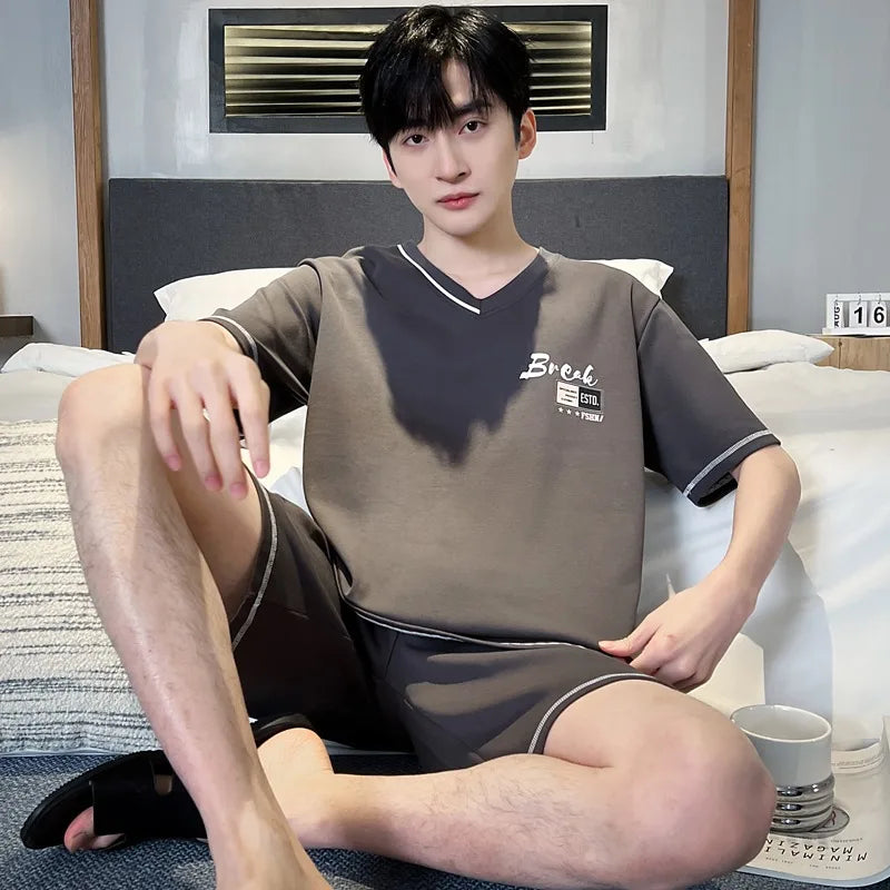 2 Pieces Set Men's Summer Cotton Pajamas Set Short Sleeping Tops Pants Sleepwear Male Casual Nightwear Pijama pyjama night cloth