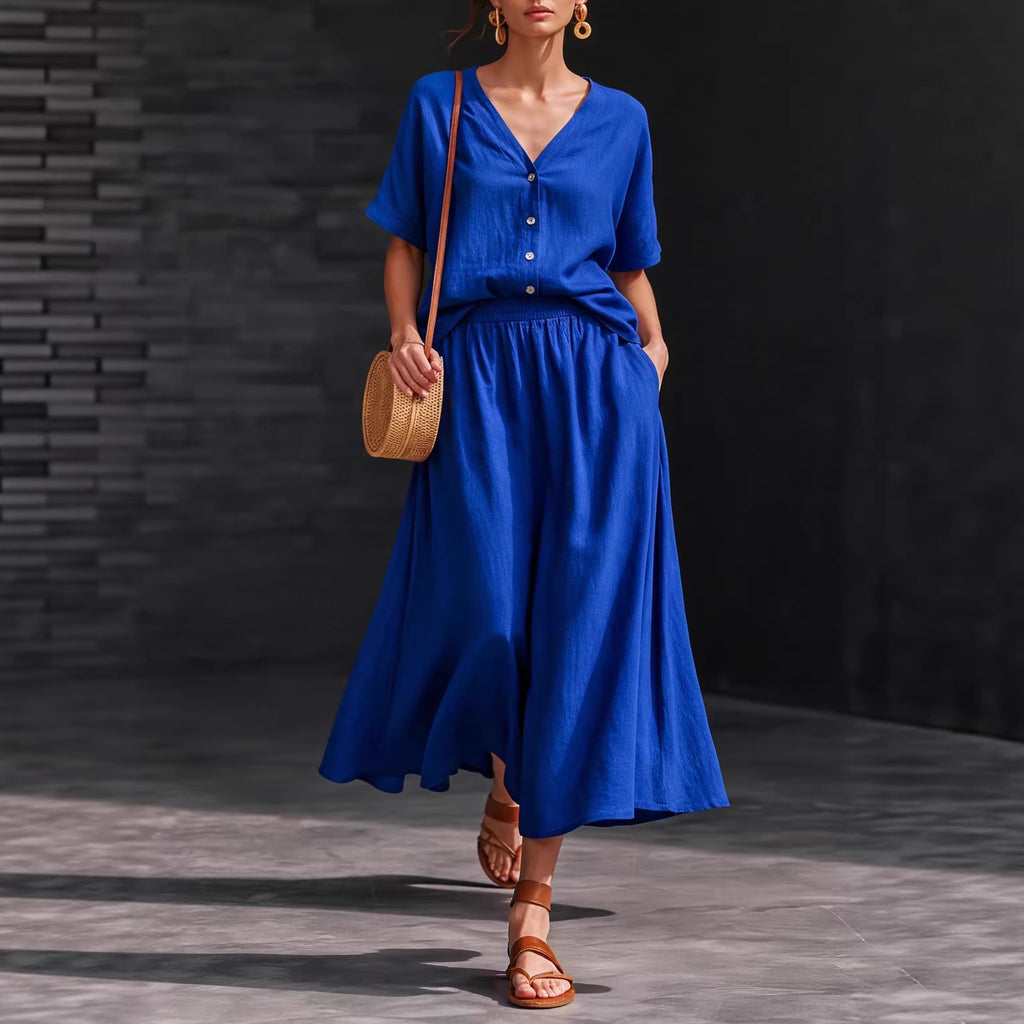 Cotton-Linen V-Neck Button-Up Short-Sleeve Top and Skirt Set