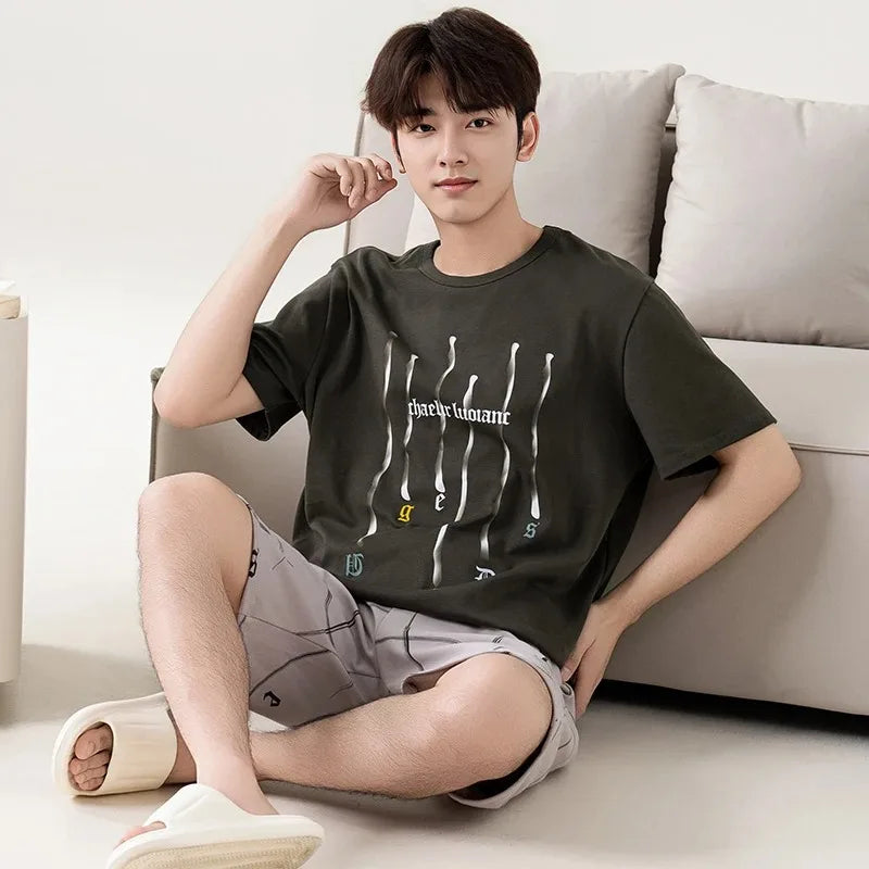 2 Pieces Set Men's Summer Cotton Pajamas Set Short Sleeping Tops Pants Sleepwear Male Casual Nightwear Pijama pyjama night cloth