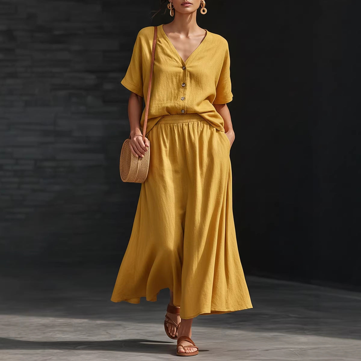 Cotton-Linen V-Neck Button-Up Short-Sleeve Top and Skirt Set