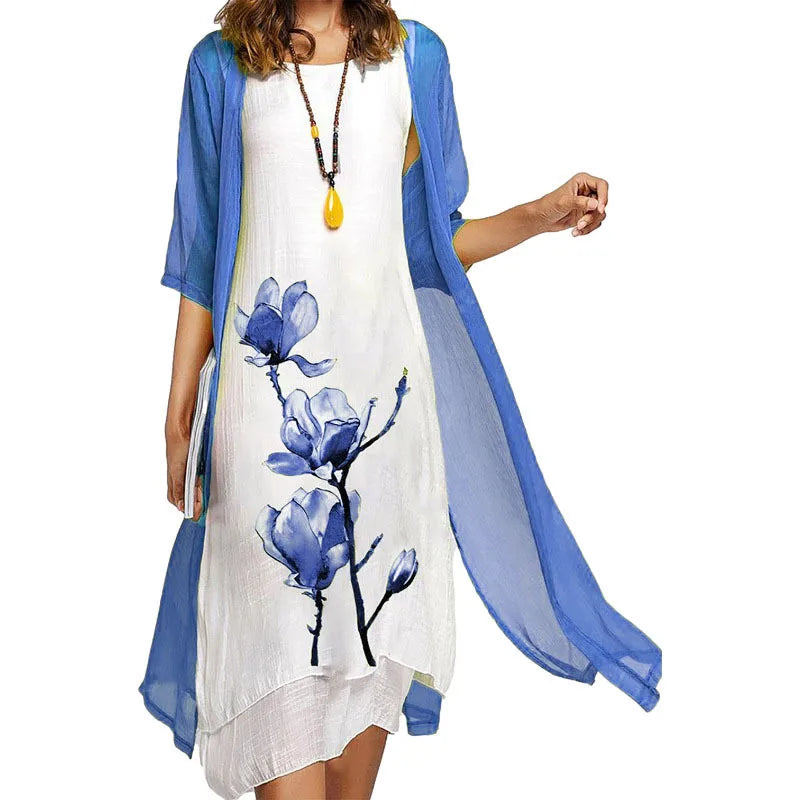2026 New! Eu-Us Summer Women'S Casual Elegance 2 Printed Crew-Neck Loose Dress Sweater Coat Set