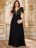 Plus Size V Neck Puff Sleeve Sparkling Evening Dress 4XL 5XL Big Size Lotus Pink Luxury Wedding Banquet Bridesmaid Prom Gown
