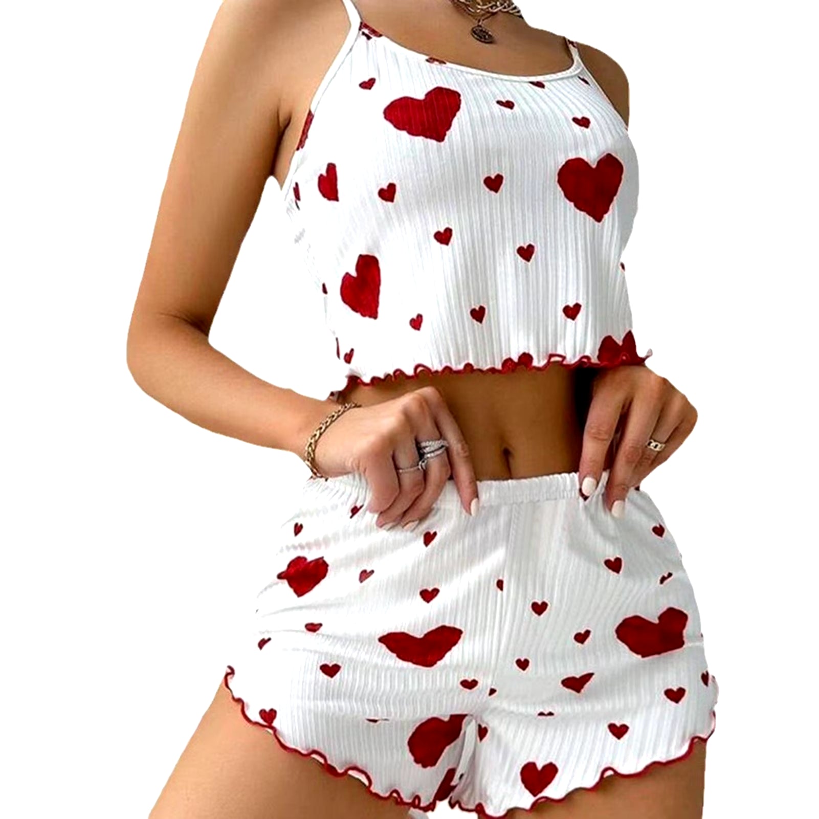 Women's 2-Piece Pajama Set - Soft and Breathable Sleepwear with Love Print, Available in S, M, L, White