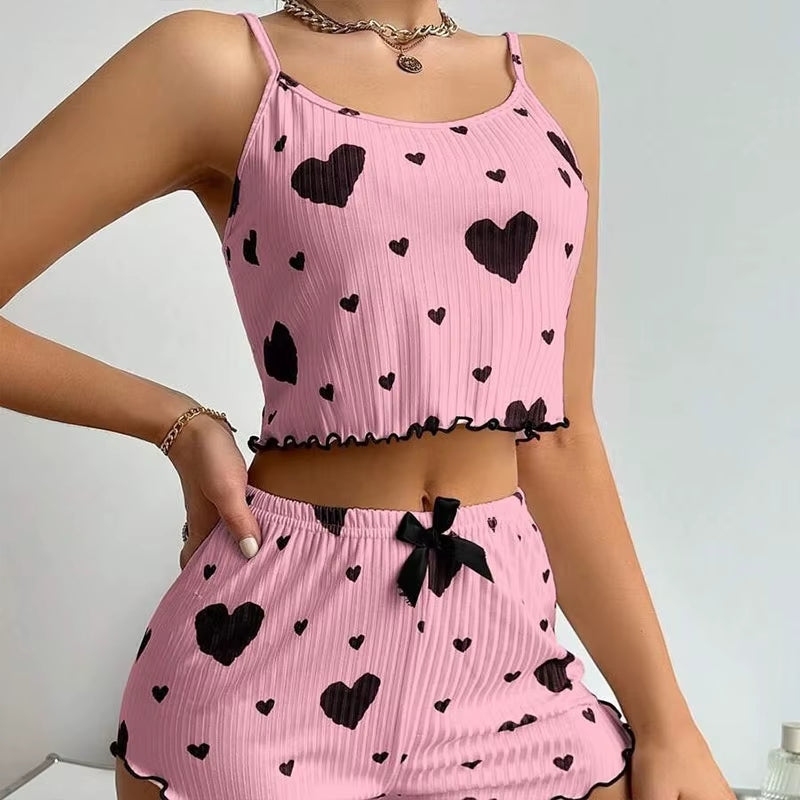Women's 2-Piece Pajama Set - Soft and Breathable Sleepwear with Love Print, Available in S, M, L, White