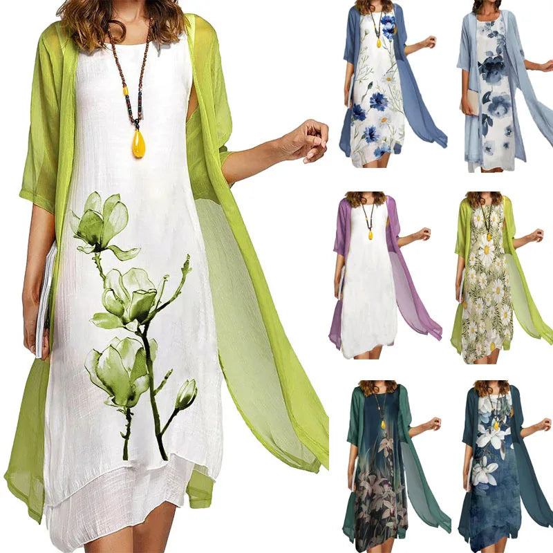 2026 New! Eu-Us Summer Women'S Casual Elegance 2 Printed Crew-Neck Loose Dress Sweater Coat Set