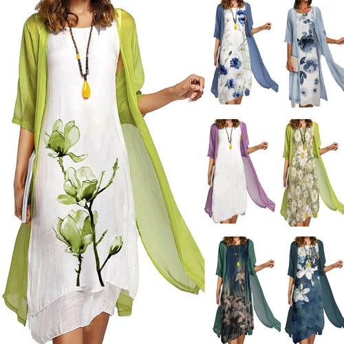 2026 New! Eu-Us Summer Women'S Casual Elegance 2 Printed Crew-Neck Loose Dress Sweater Coat Set