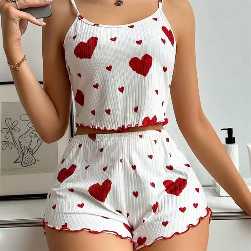 Women's 2-Piece Pajama Set - Soft and Breathable Sleepwear with Love Print, Available in S, M, L, White