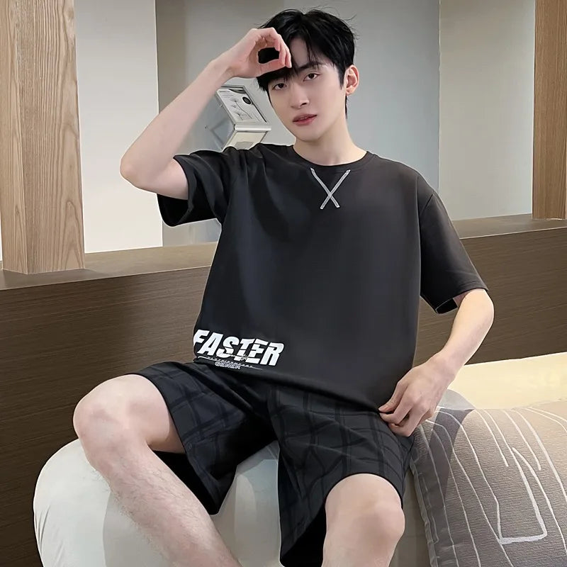 2 Pieces Set Men's Summer Cotton Pajamas Set Short Sleeping Tops Pants Sleepwear Male Casual Nightwear Pijama pyjama night cloth