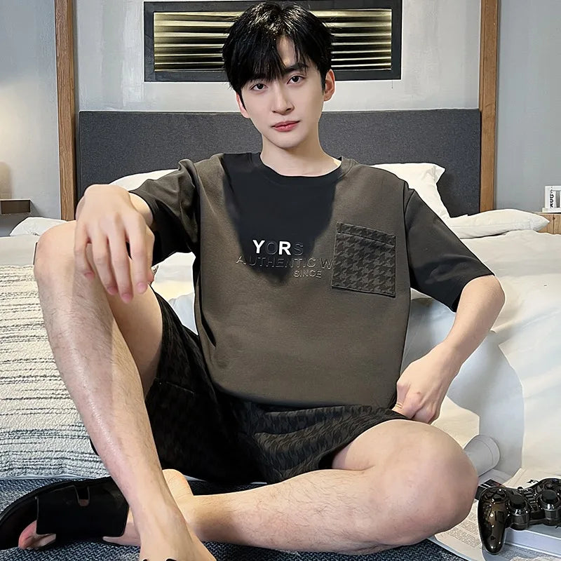 2 Pieces Set Men's Summer Cotton Pajamas Set Short Sleeping Tops Pants Sleepwear Male Casual Nightwear Pijama pyjama night cloth