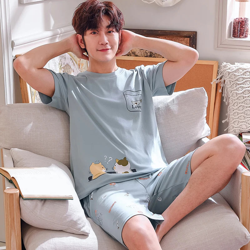 2 Pieces Set Men's Summer Cotton Pajamas Set Short Sleeping Tops Pants Sleepwear Male Casual Nightwear Pijama pyjama night cloth