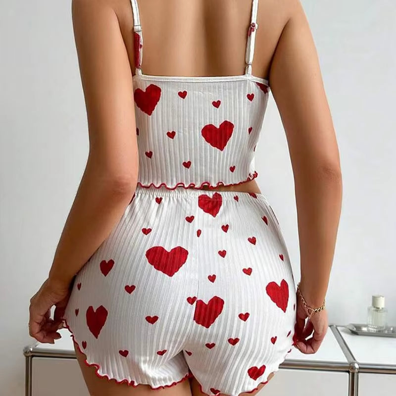 Women's 2-Piece Pajama Set - Soft and Breathable Sleepwear with Love Print, Available in S, M, L, White