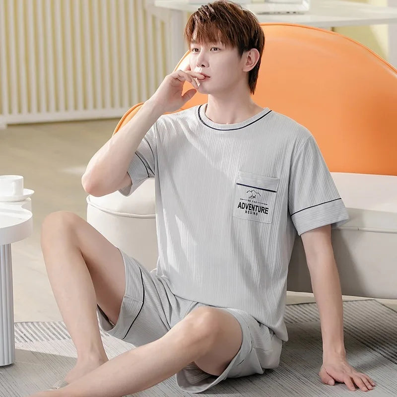2 Pieces Set Men's Summer Cotton Pajamas Set Short Sleeping Tops Pants Sleepwear Male Casual Nightwear Pijama pyjama night cloth