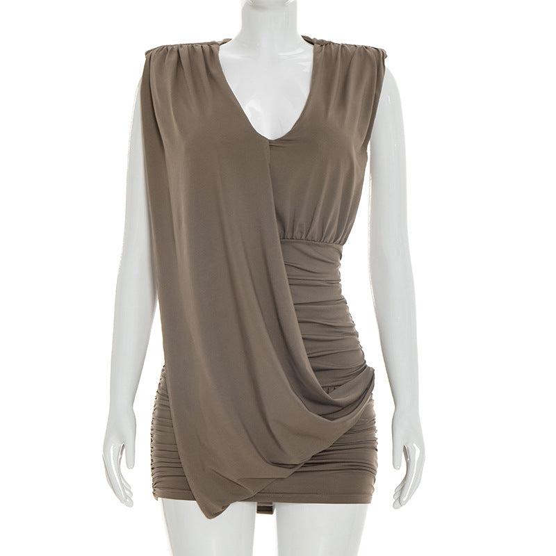 Designer Women's Sleeveless Pleated Deep V-Neck Dress