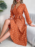 Chic Women's Color-Blocked Polka Dot Maxi Dress with Cross V-Neck and Pleated Design