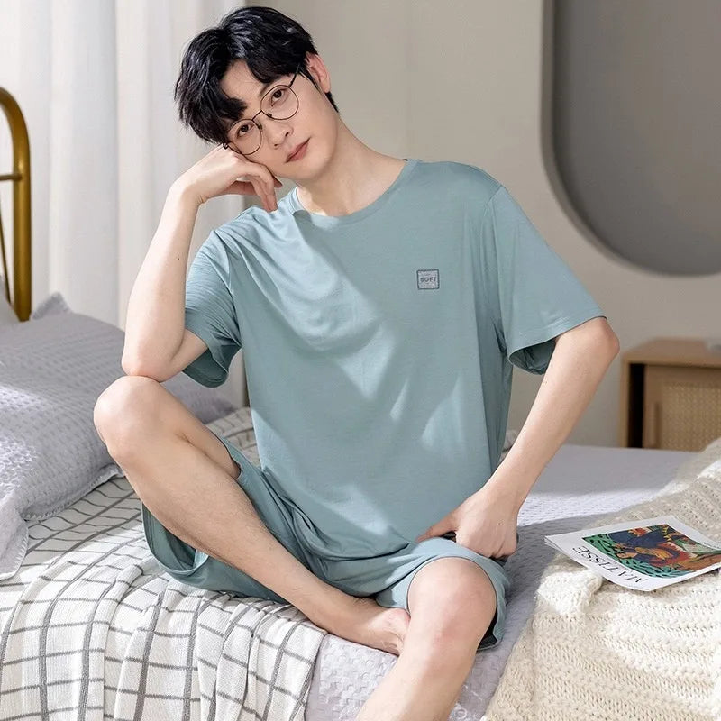 2 Pieces Set Men's Summer Cotton Pajamas Set Short Sleeping Tops Pants Sleepwear Male Casual Nightwear Pijama pyjama night cloth