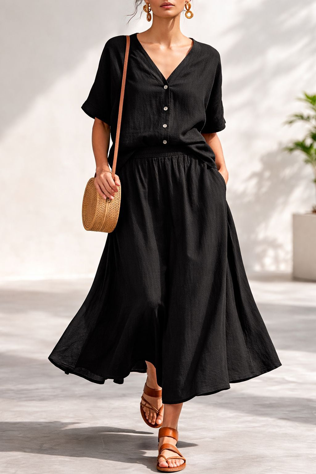Cotton-Linen V-Neck Button-Up Short-Sleeve Top and Skirt Set