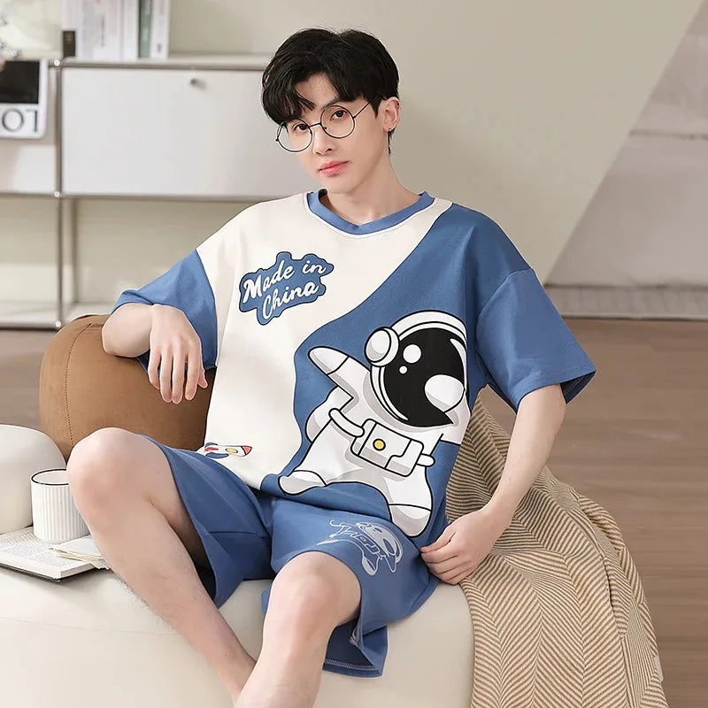 2 Pieces Set Men's Summer Cotton Pajamas Set Short Sleeping Tops Pants Sleepwear Male Casual Nightwear Pijama pyjama night cloth