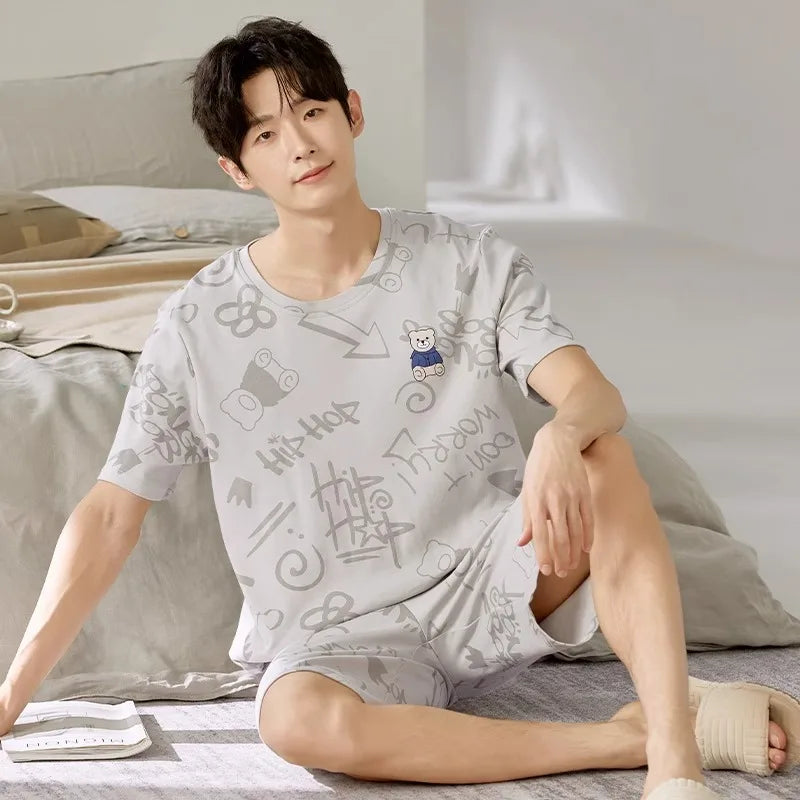 2 Pieces Set Men's Summer Cotton Pajamas Set Short Sleeping Tops Pants Sleepwear Male Casual Nightwear Pijama pyjama night cloth