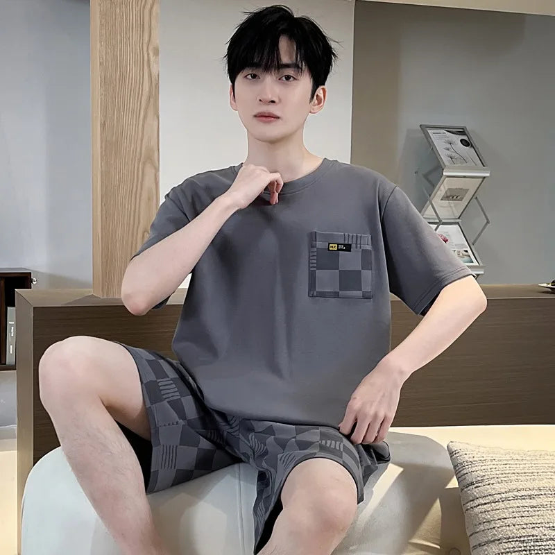 2 Pieces Set Men's Summer Cotton Pajamas Set Short Sleeping Tops Pants Sleepwear Male Casual Nightwear Pijama pyjama night cloth